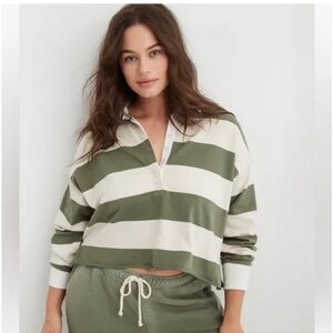Aerie Striped Sporty Prep Rugby Polo, size medium, cropped, white/olive green